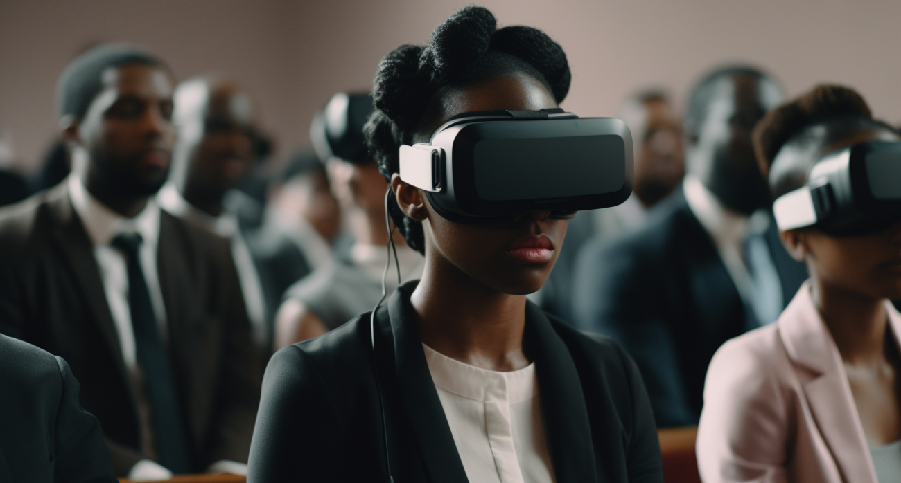 Black woman with virtual reality headgear sitting in church.
